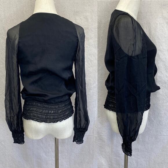 Halston Heritage black silk surplice peasant top with smocked band/cuffs size 0 - Picture 3 of 14